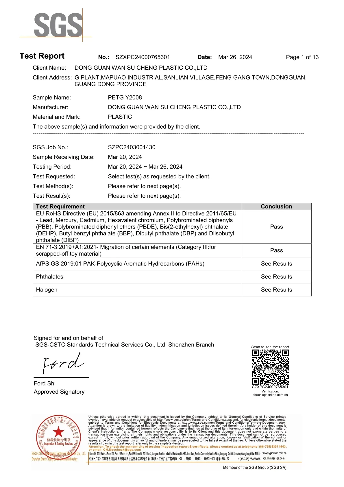 SGS ROHS Certification
