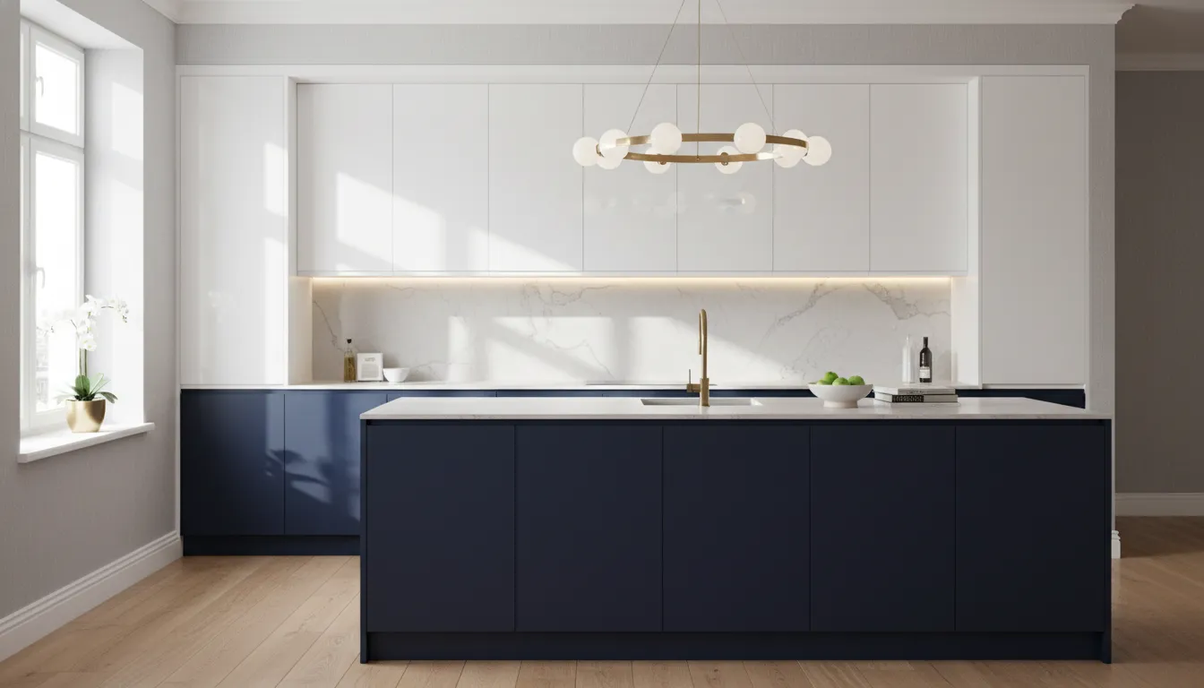 The upper wall cabinets are brilliant high-gloss white, reflecting ambient LED lighting. The lower base cabinets are a soft-touch matte navy blue.
