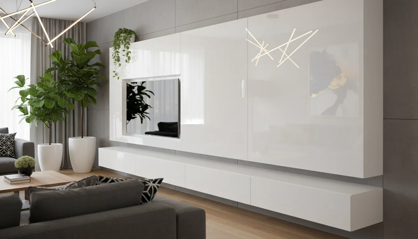 Close-up of a flawless WellP high-gloss white PET decorative panel acting like a perfect mirror.