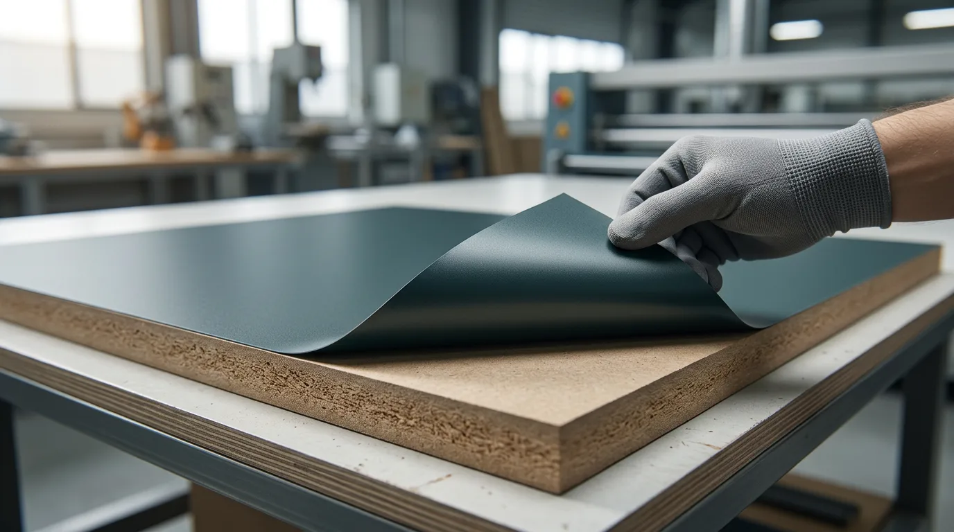 Industrial PUR hot melt lamination process bonding decorative plastic film to an MDF furniture panel.